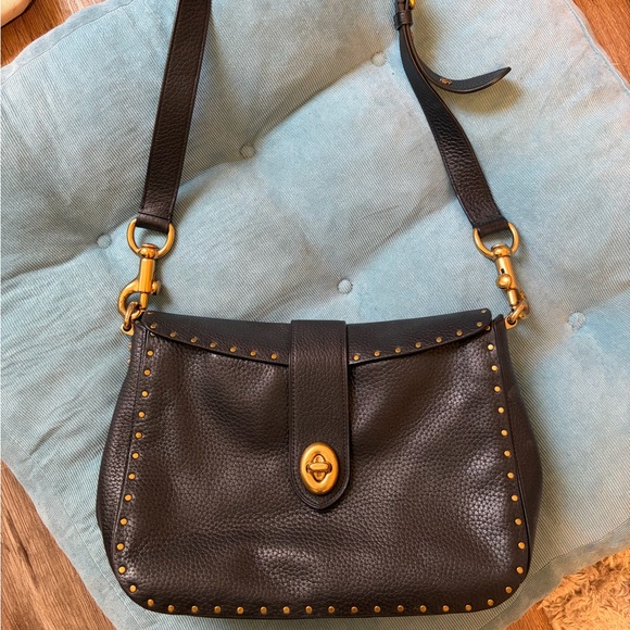 Elegant Coach Black Leather Shoulder Bag with Gold Floral Hardware B1881-31929